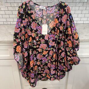 Emily Wonder Tunic Womens 2XL Pink Black Floral Shirt New Tags Boho Cottagecore